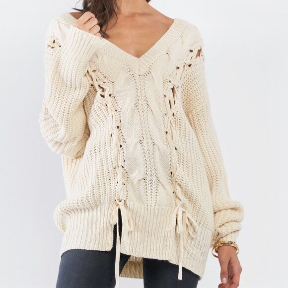 Beige Laced Up Off Shoulder V Neck Tunic Sweater - Picture 3 of 10
